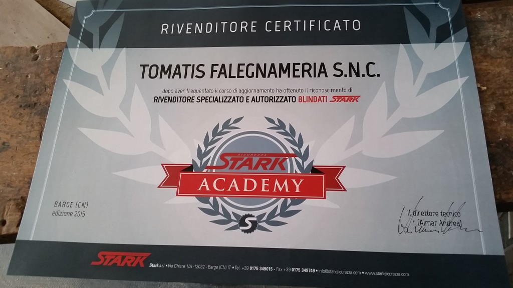 Certificato Stark Academy Falegnameria Tomatis